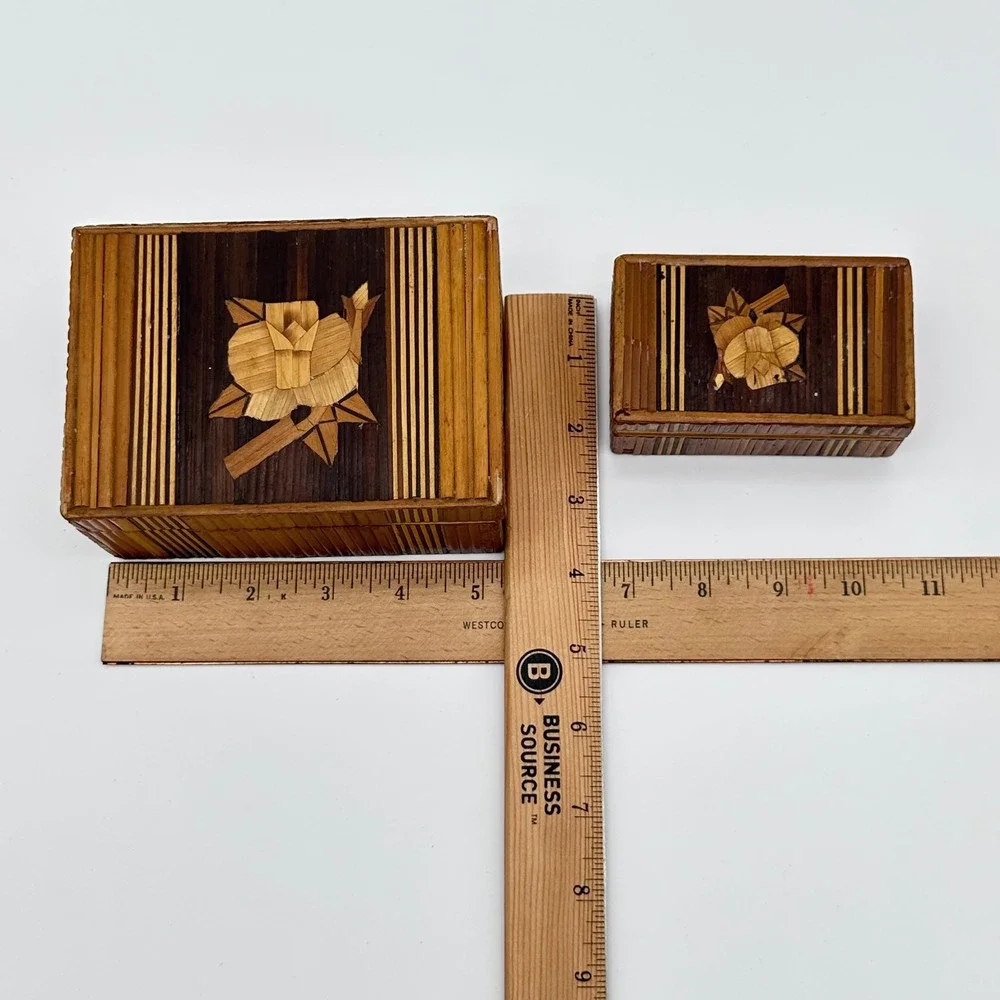 Vintage Trinket Box Set 2pc Straw Marquetry Rose Floral Brown Wood Jewelry Case